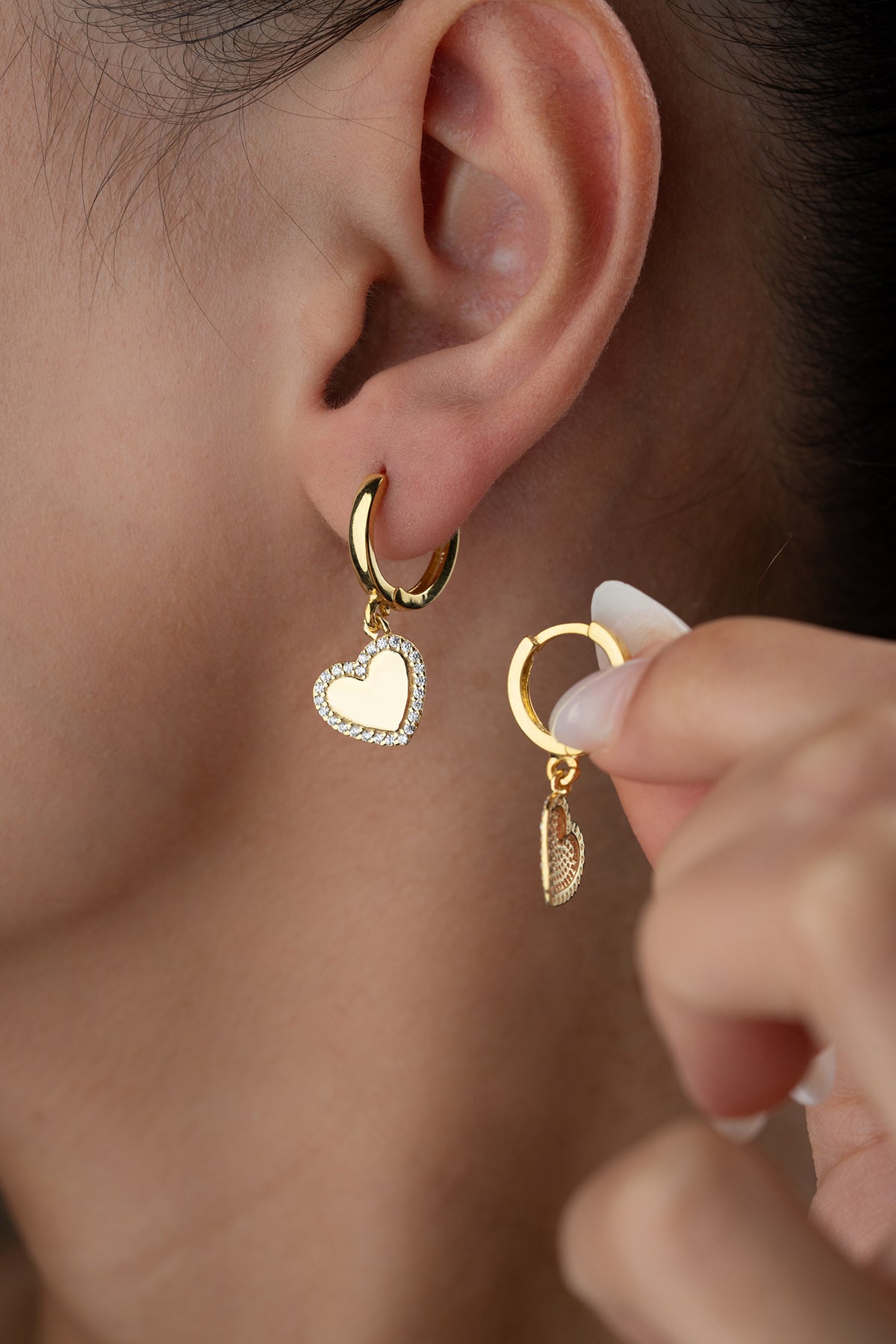 Heart Figured Stone Decorated Hoop Earrings
