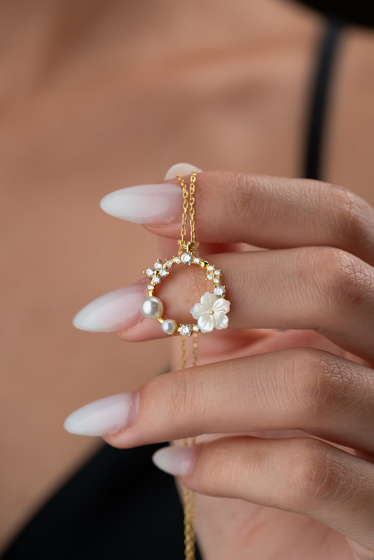 İnci ve Çiçek Detaylı Kolye - 925 Ayar Gümüş