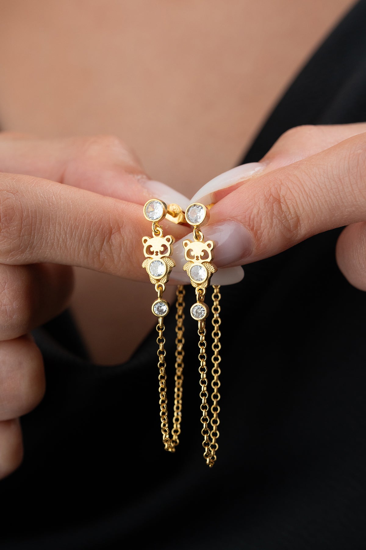 Sallantılı Zincirli Panda Küpe - 925 Ayar Gümüş