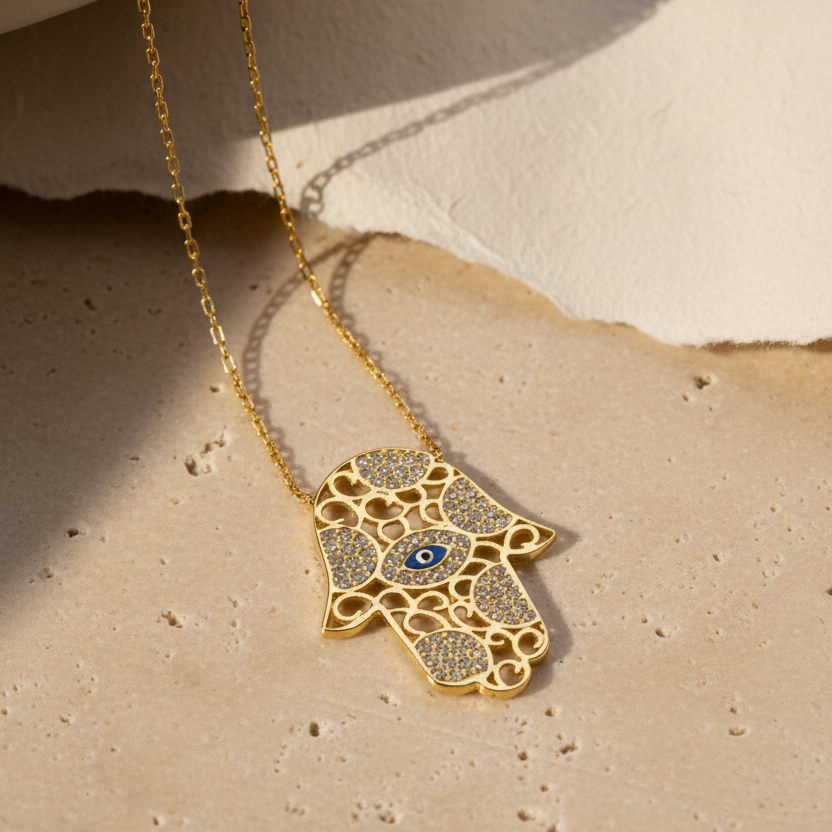 Hamsa El Figürlü Kolye - 925 Ayar Gümüş