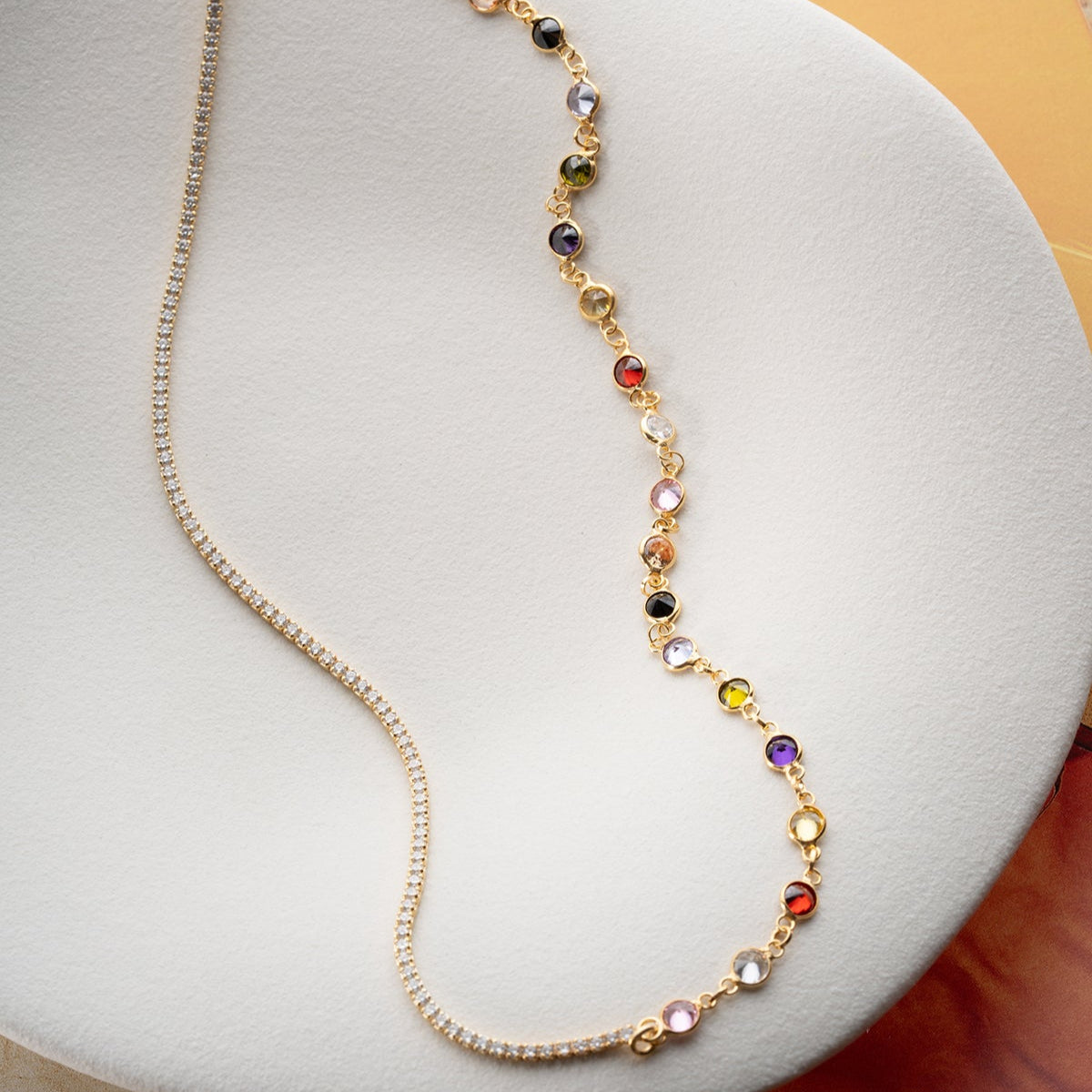 Colored Stone Chain Necklace - 925 Sterling Silver - Rainbow Shine