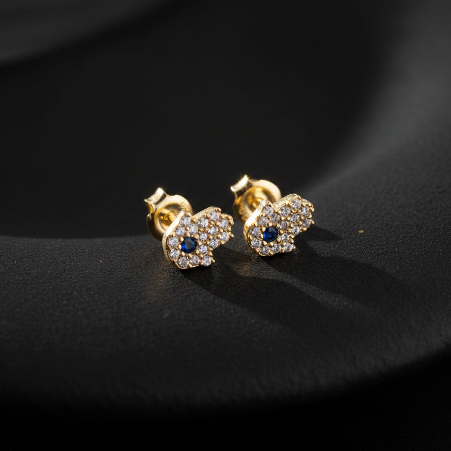 Mavi Taşlı Hamsa Küpe – 925 Ayar Gümü