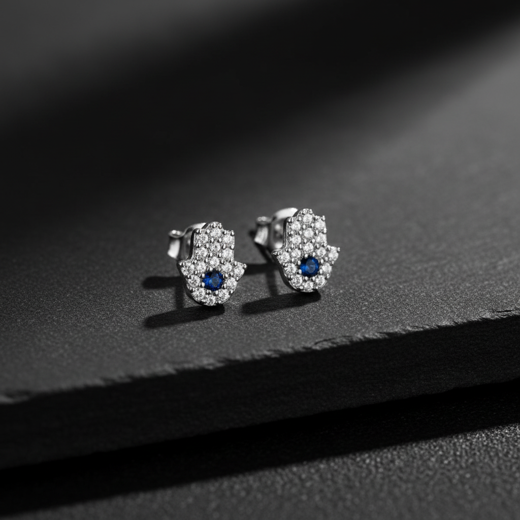 Mavi Taşlı Hamsa Küpe – 925 Ayar Gümü