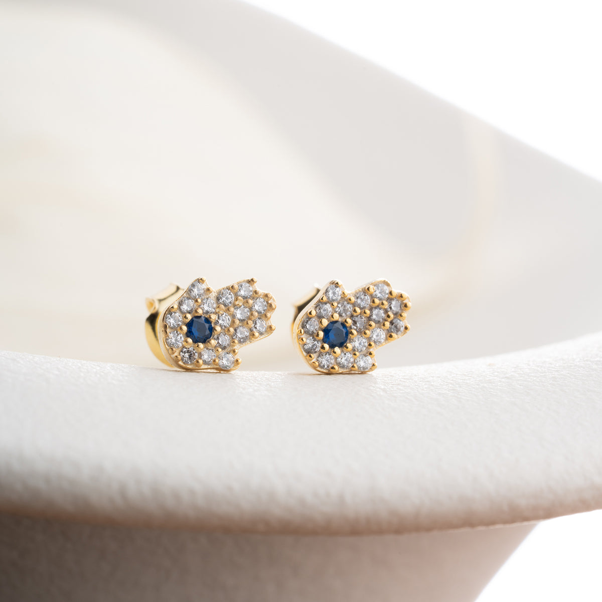 Mavi Taşlı Hamsa Küpe – 925 Ayar Gümü