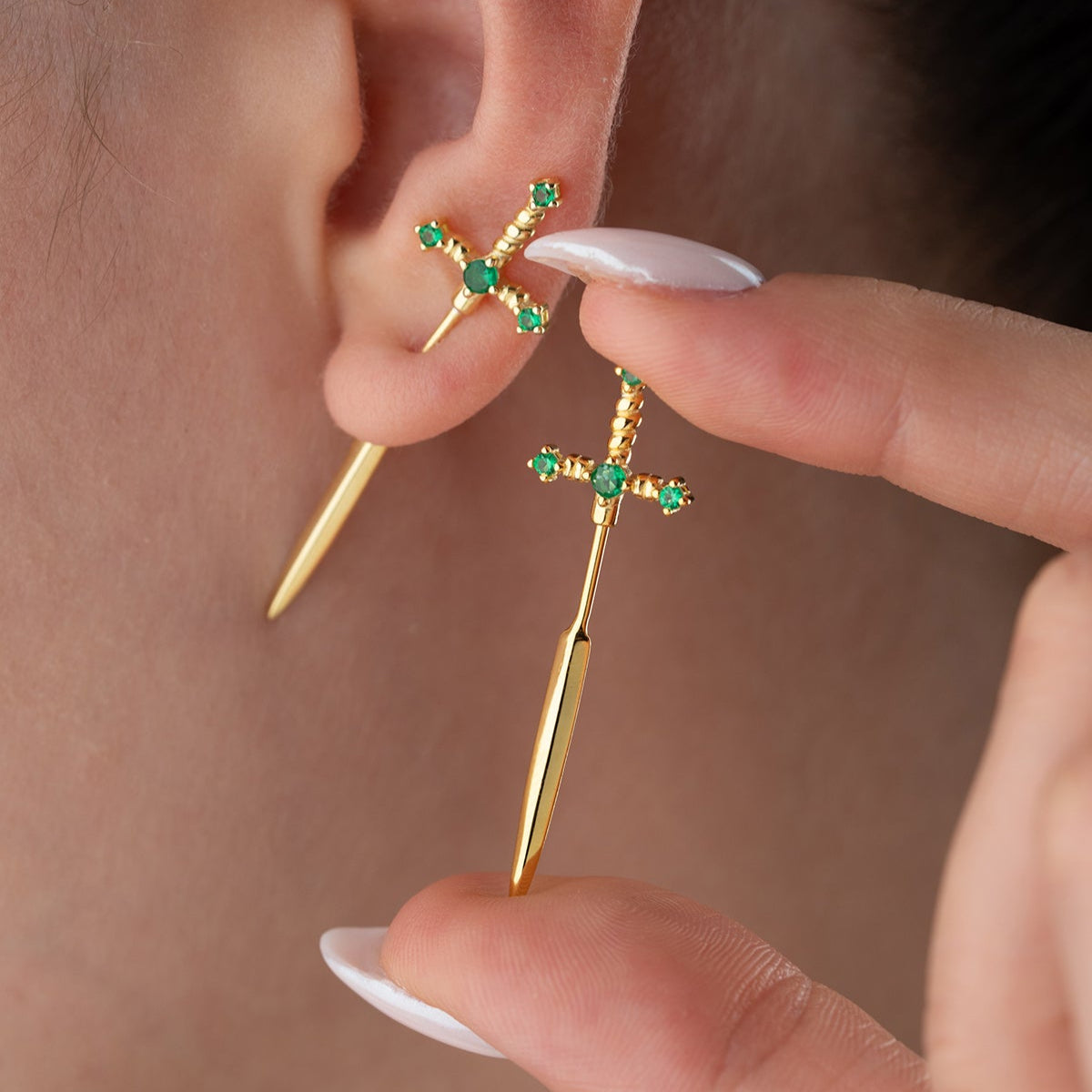 Green Stone Sword Earrings - Minimalist Style