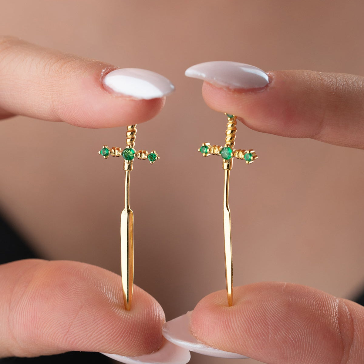 Green Stone Sword Earrings - Minimalist Style