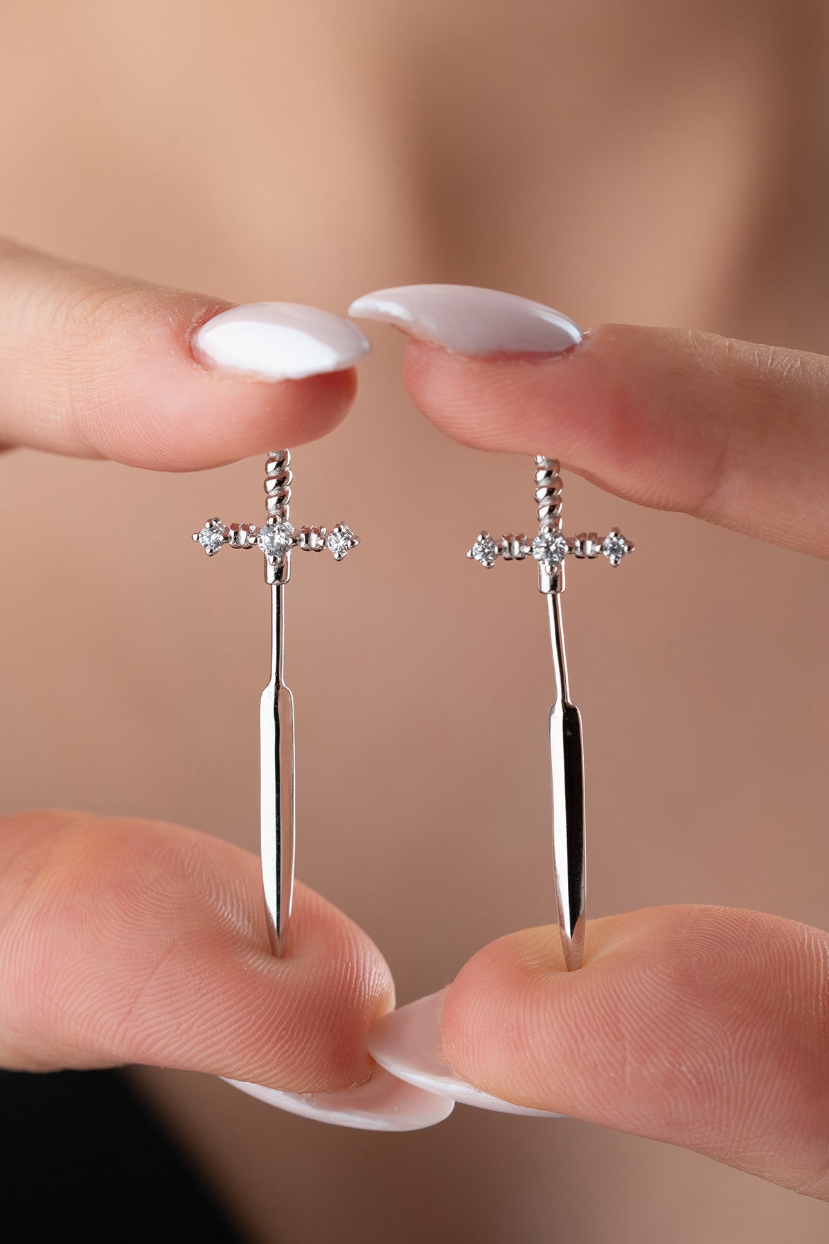 Zircon Stone Silver Sword Earrings