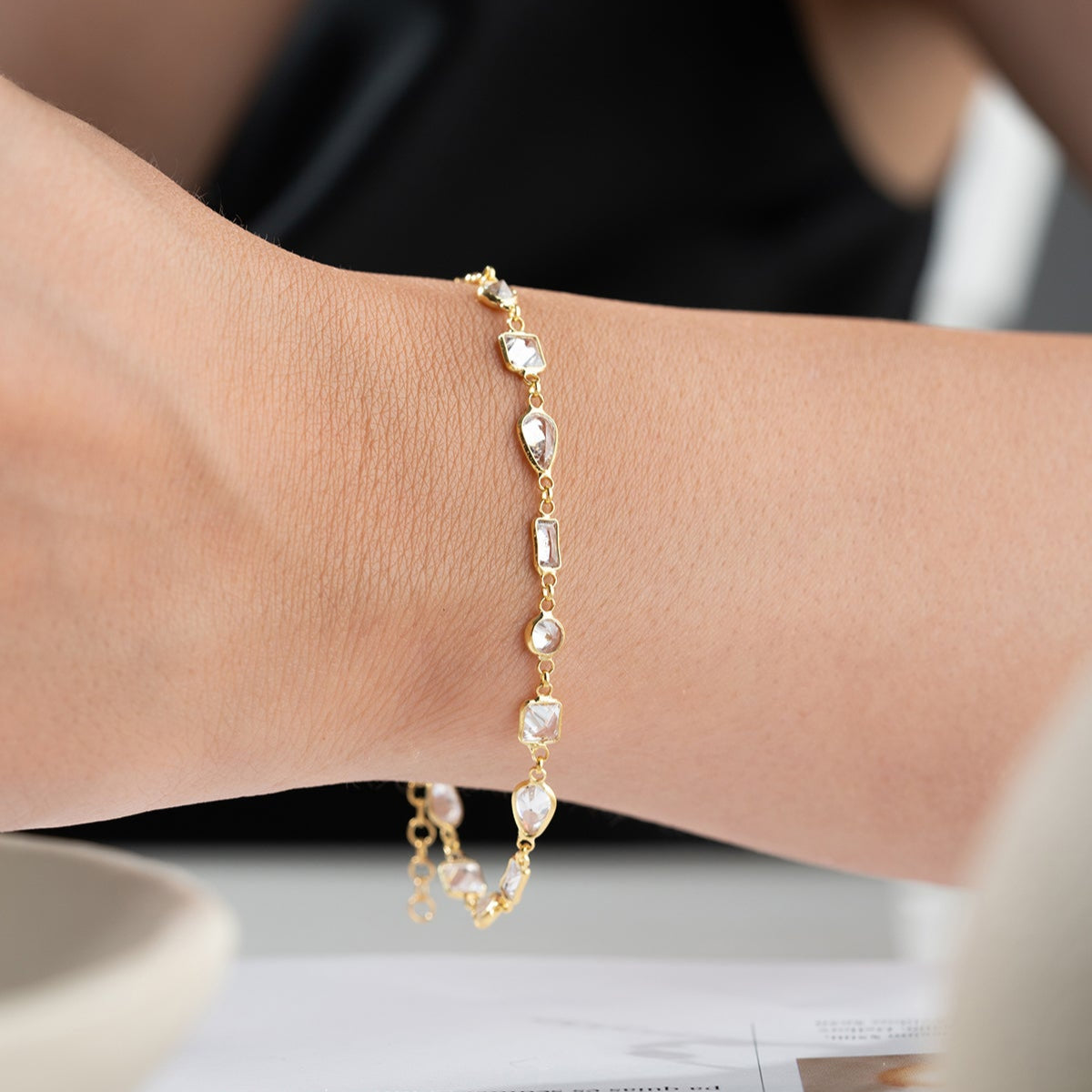 Elegant geometric stone detailed gold plated bracelet