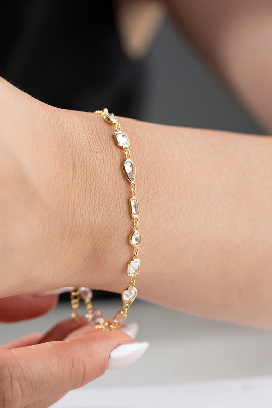 Elegant geometric stone detailed gold plated bracelet