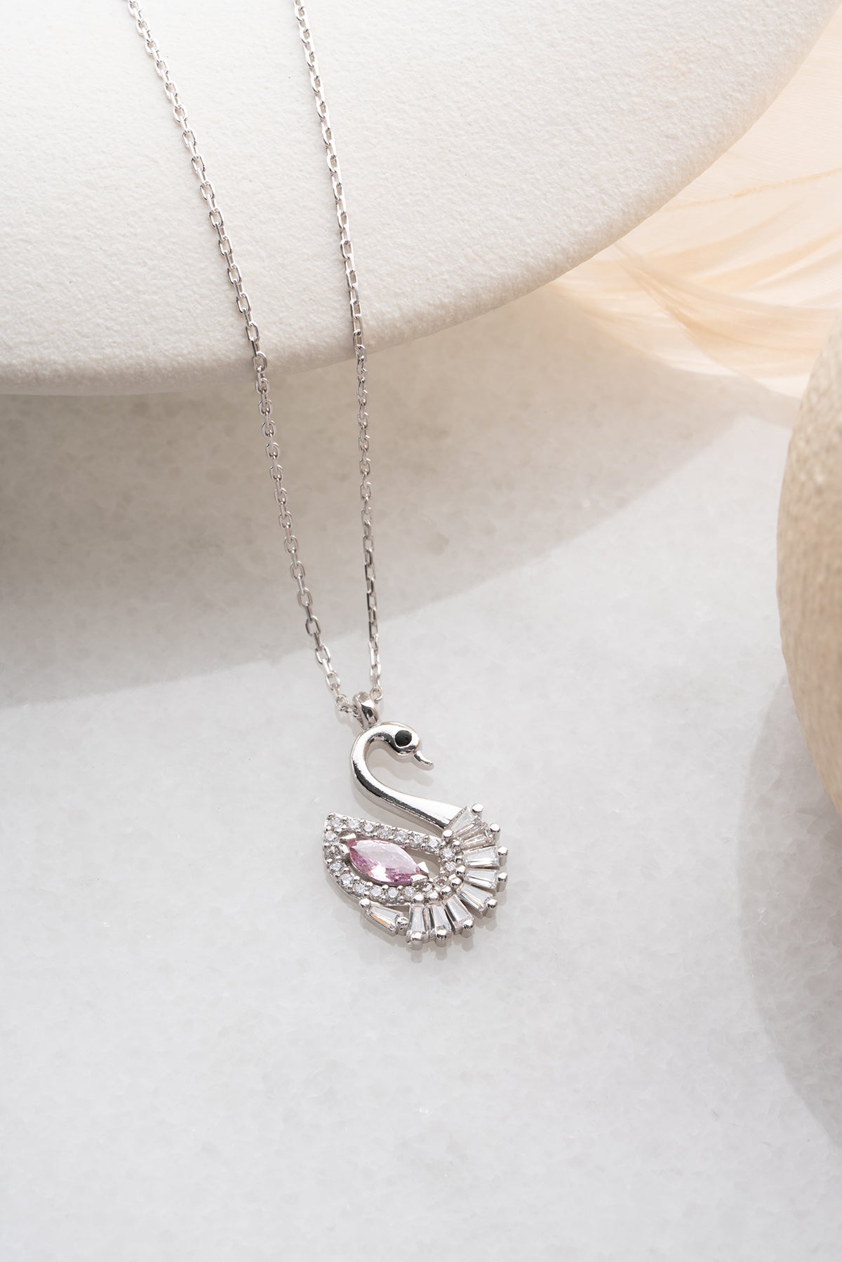 Kuğu Kolye Pembe Zirkon Taşlı | 925 Ayar Gümüş