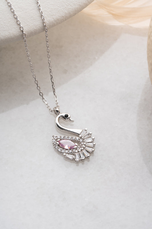 Kuğu Kolye Pembe Zirkon Taşlı | 925 Ayar Gümüş
