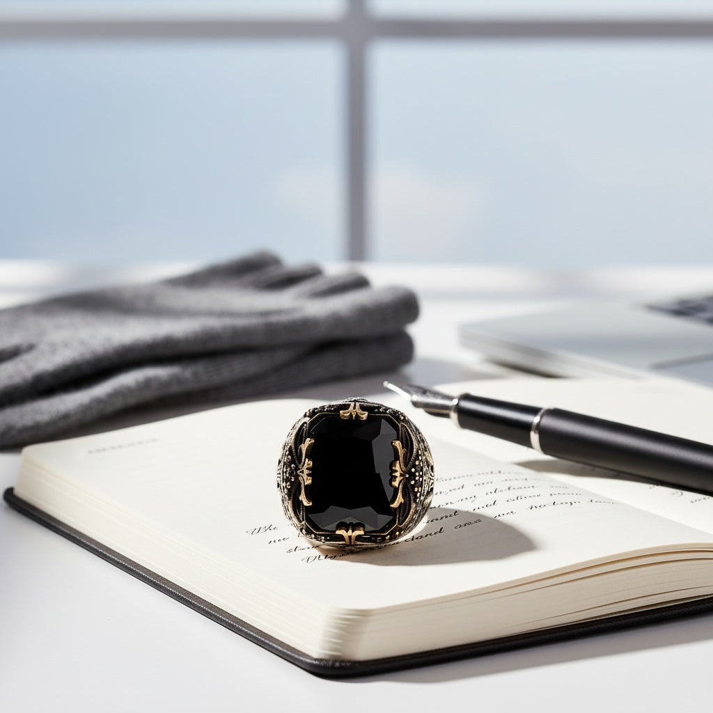 Black Zircon Stone Men's Silver Ring