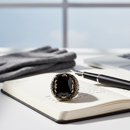 Black Zircon Stone Men's Silver Ring