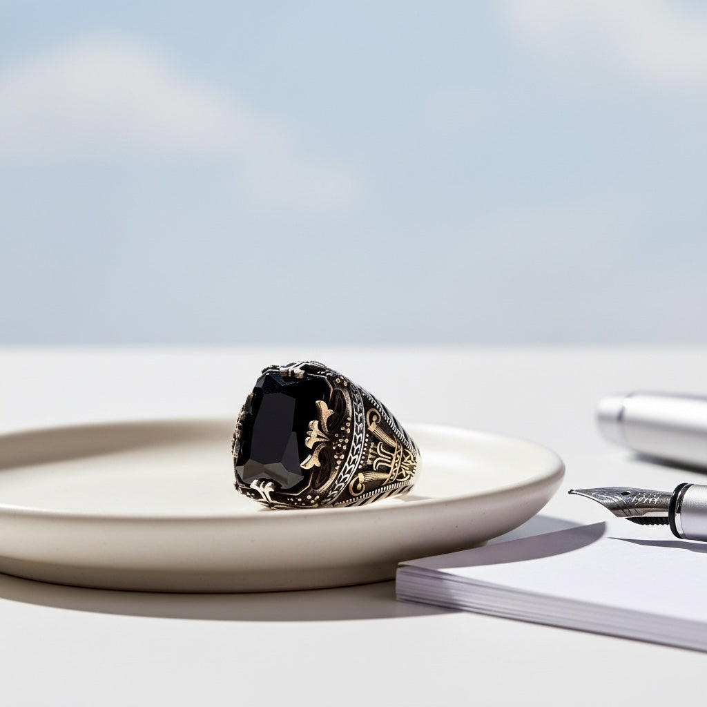 Black Zircon Stone Men's Silver Ring