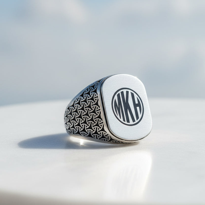 925 Ayar Gümüş Monogram 3 Harfli Erkek Yüzük -4
