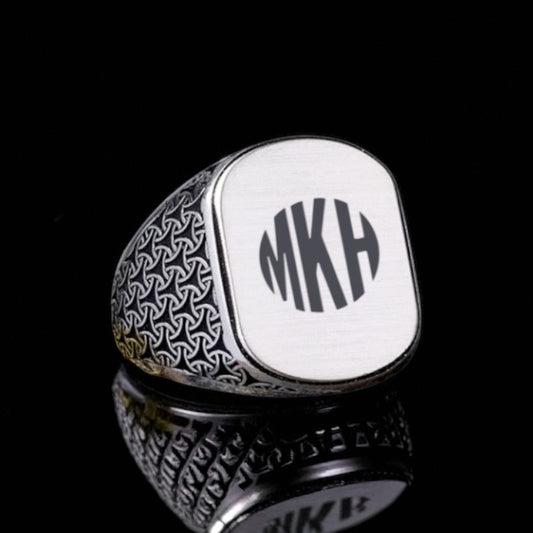 925 Ayar Gümüş Monogram 3 Harfli Erkek Yüzük -4