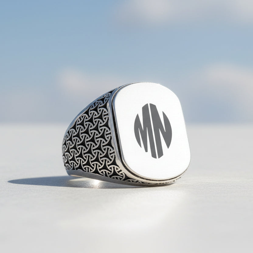 925 Ayar Gümüş Monogram 2 Harfli Erkek Yüzük -5