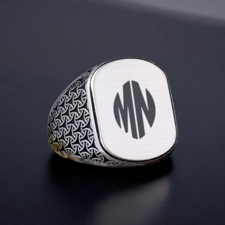 925 Ayar Gümüş Monogram 2 Harfli Erkek Yüzük -5