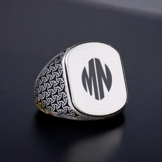 925 Ayar Gümüş Monogram 2 Harfli Erkek Yüzük -5