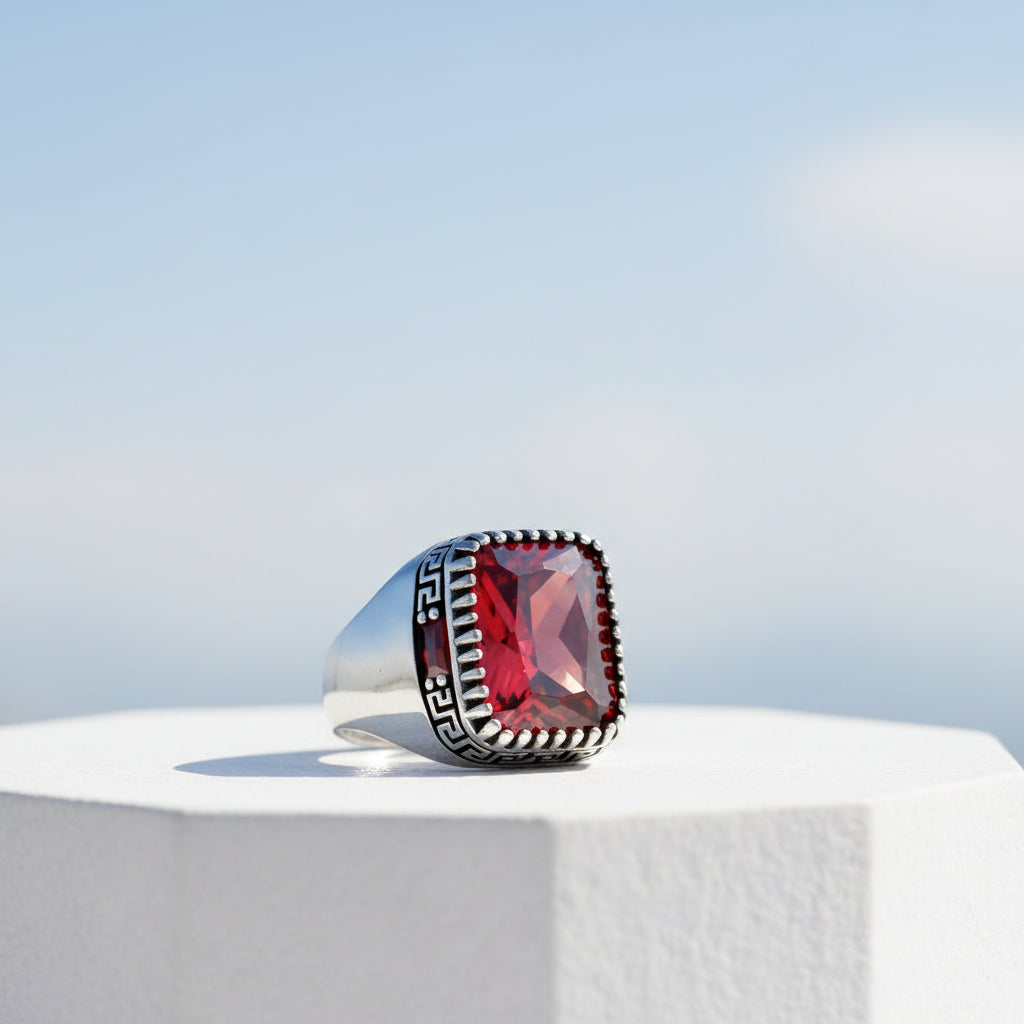 Red Zircon Stone Men's Silver Ring