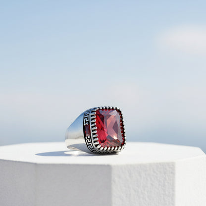 Red Zircon Stone Men's Silver Ring
