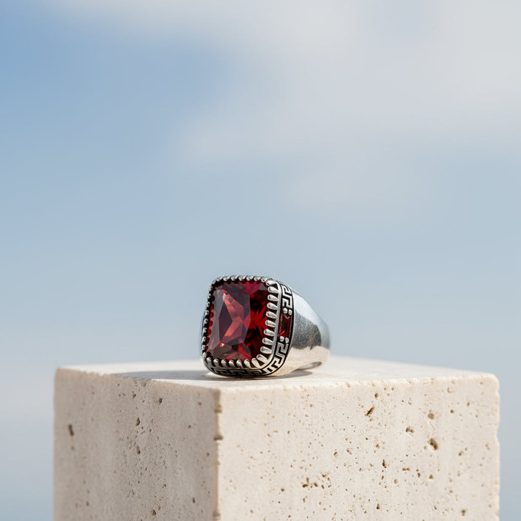 Red Zircon Stone Men's Silver Ring
