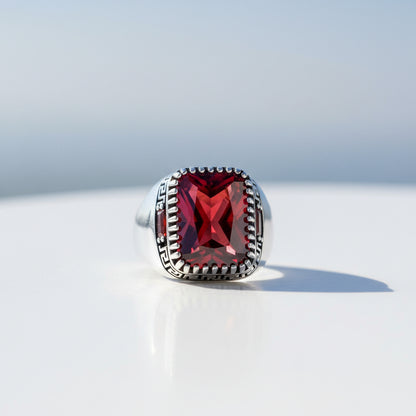 Red Zircon Stone Men's Silver Ring