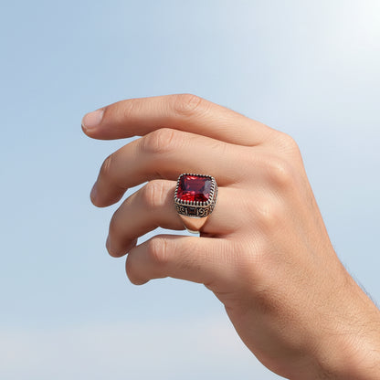 Red Zircon Stone Men's Silver Ring