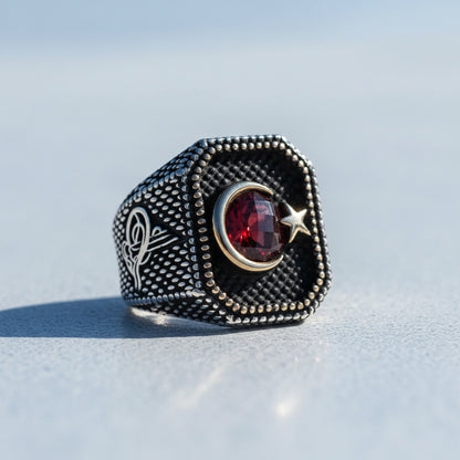 925 STERLING Silver Tuğra Moon Yıldız Anneau d'hommes