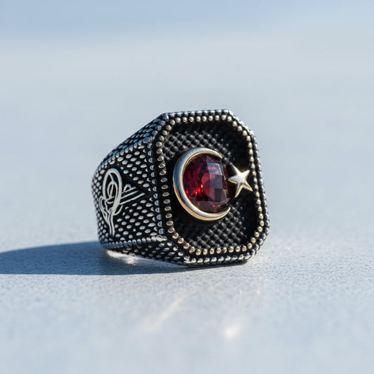 925 STERLING Silver Tuğra Moon Yıldız Anneau d'hommes