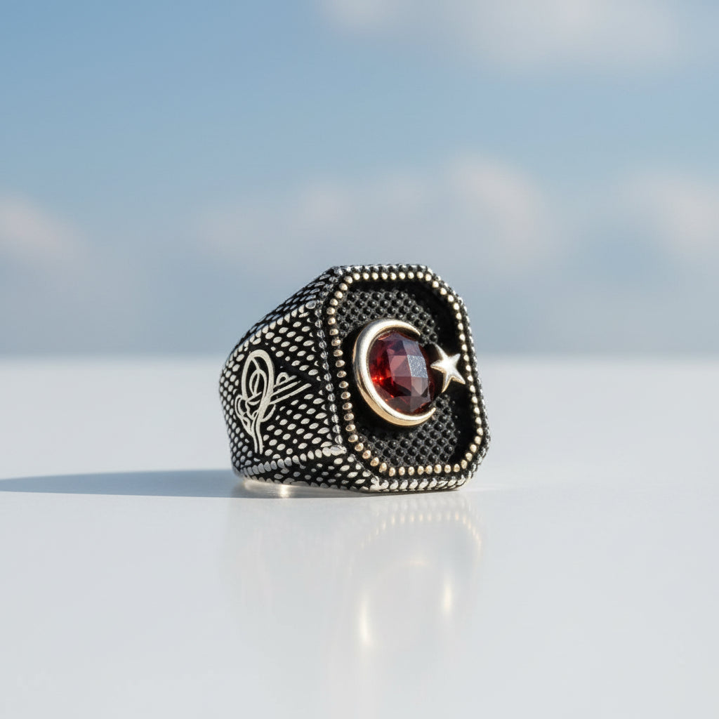 925 STERLING Silver Tuğra Moon Yıldız Anneau d'hommes