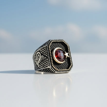 925 STERLING Silver Tuğra Moon Yıldız Anneau d'hommes