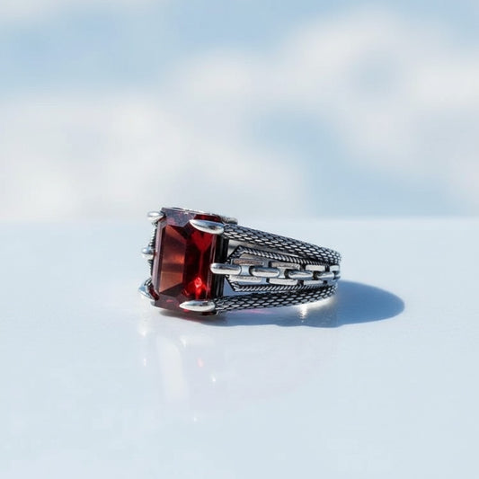 Kırmızı Zirkon Taşlı Erkek Gümüş Yüzük