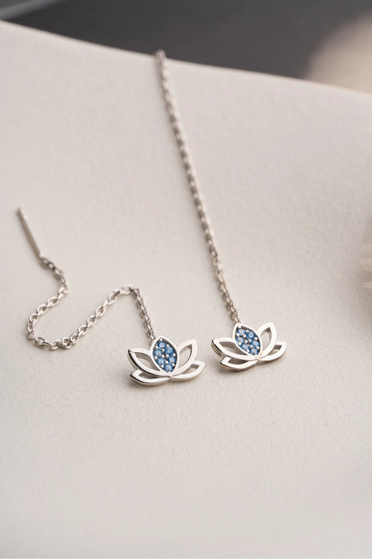 Minimalist Mavi Taşlı Lotus Zincir Küpe | 925 Ayar Gümüş