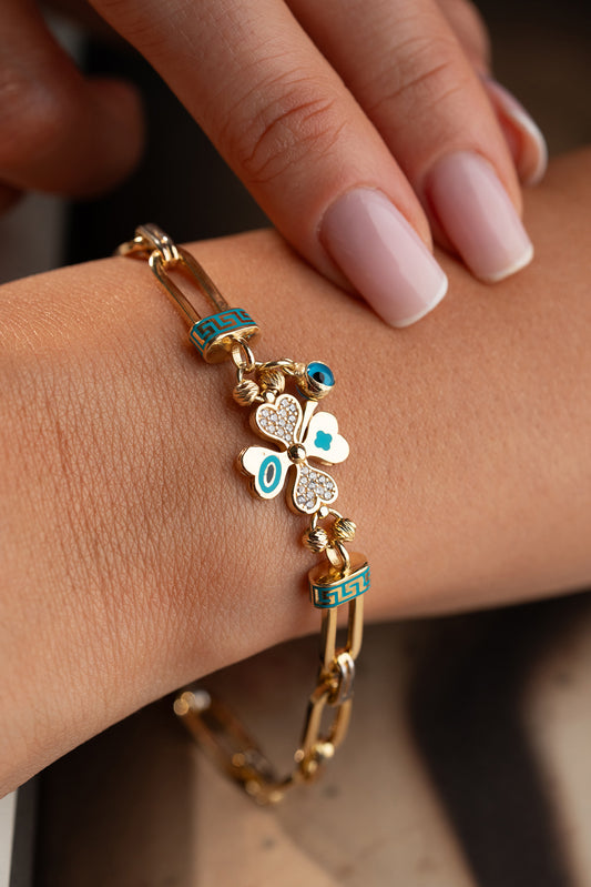 Clover Charm Bracelet with Nazar | 925 Sterling Silver