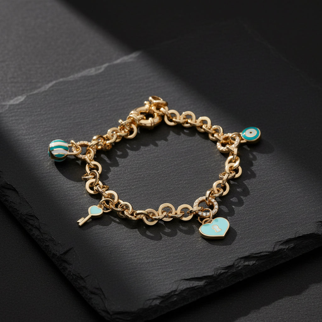 Heart Lock and Nazar Charm Bracelet | 925 Sterling Silver
