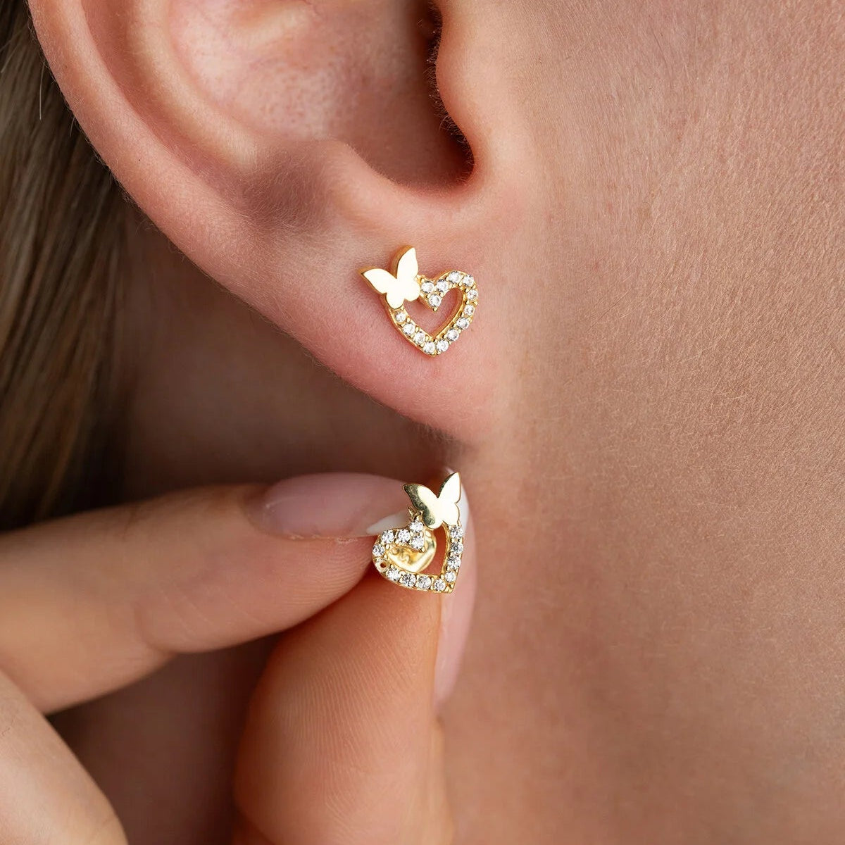 Heart & Butterfly Stud Earrings | 925 Sterling Silver
