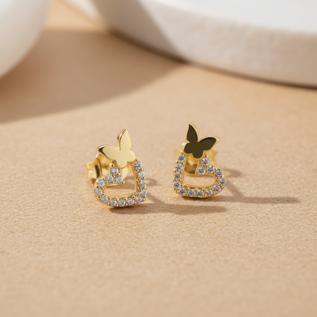 Heart & Butterfly Stud Earrings | 925 Sterling Silver