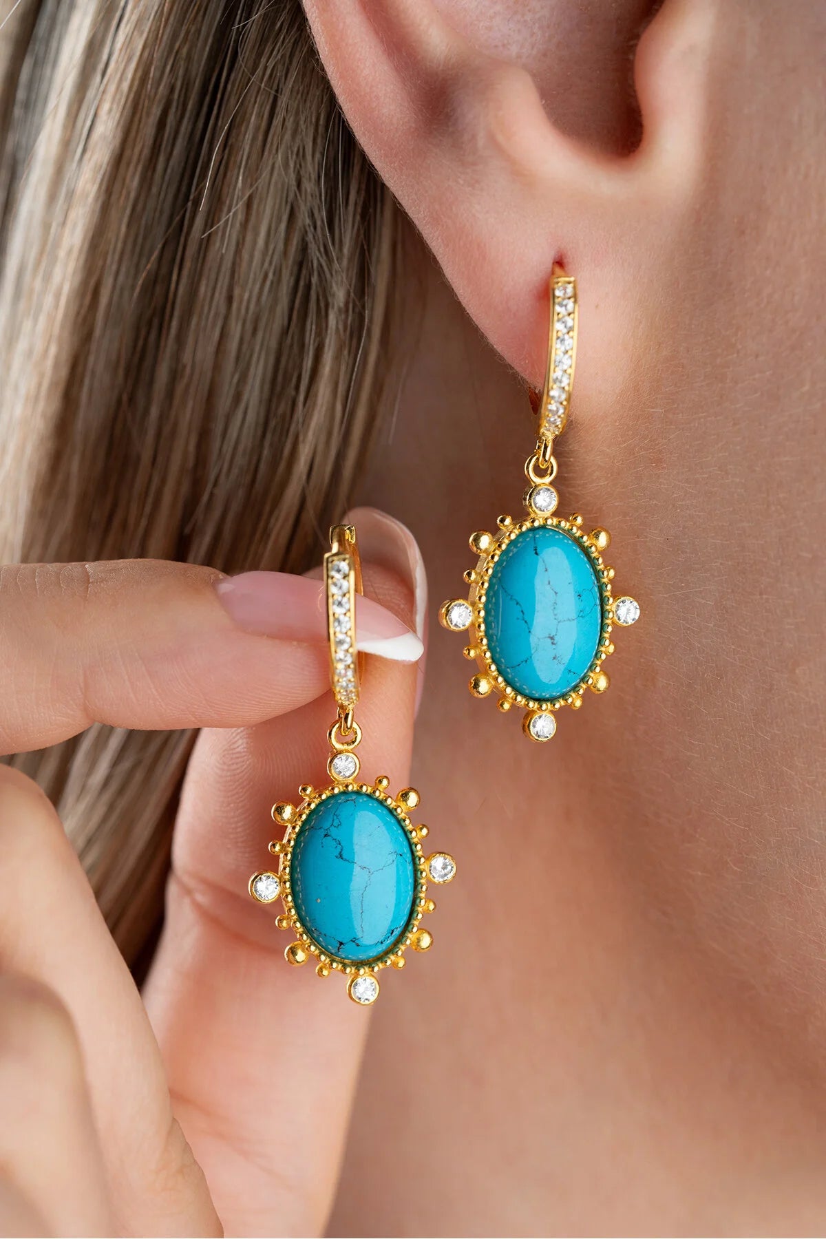Boucles d'Oreilles Pendantes Turquoise | Argent 925 Plaqué Or