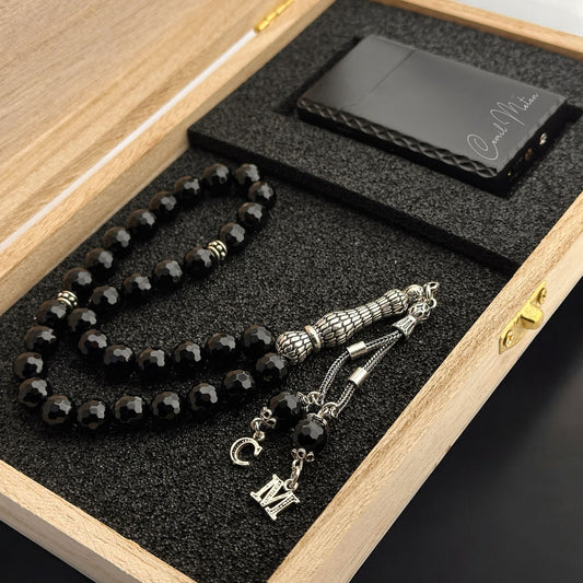 Gift Set - Personalized 8mm Onyx Prayer Beads and Steel Lighter Set
