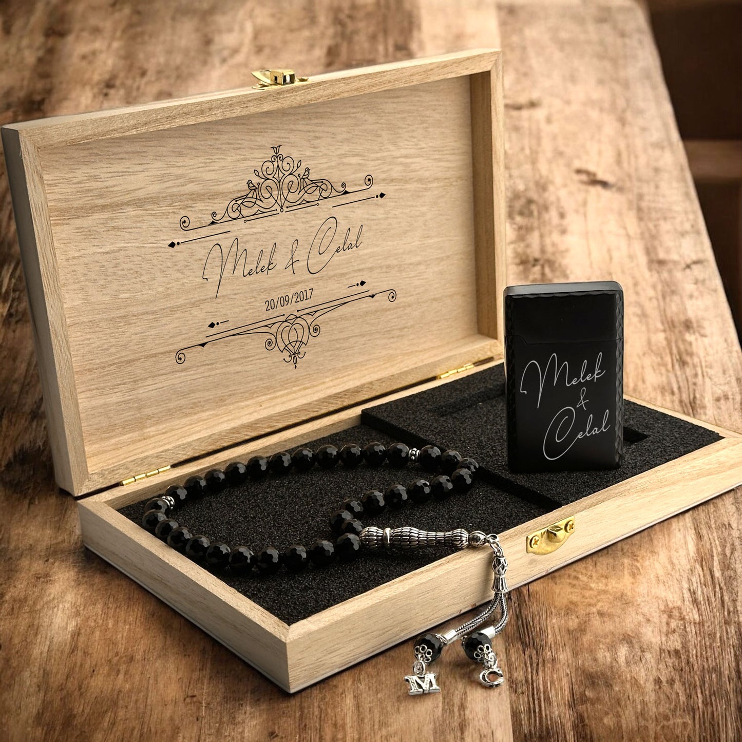Personalized 8mm Onyx Prayer Beads and Steel Lighter Set