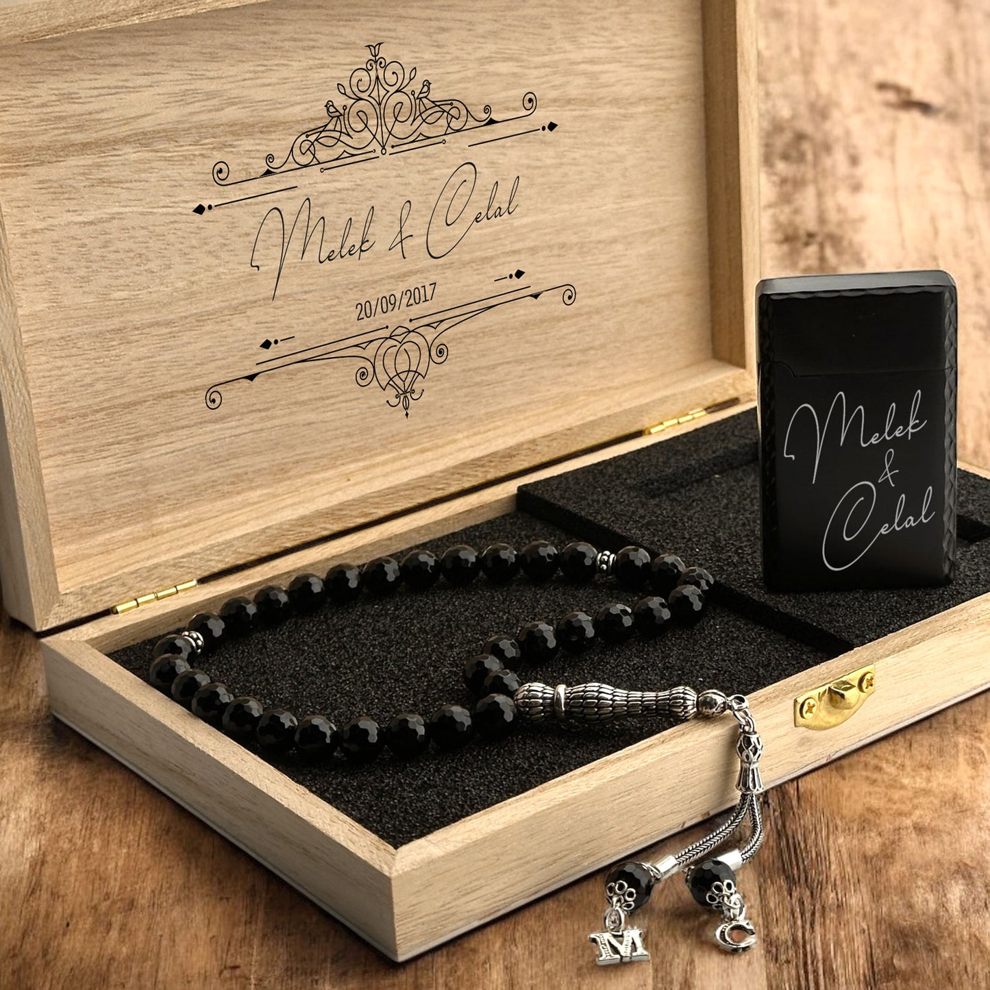 Personalized 8mm Onyx Prayer Beads and Steel Lighter Set