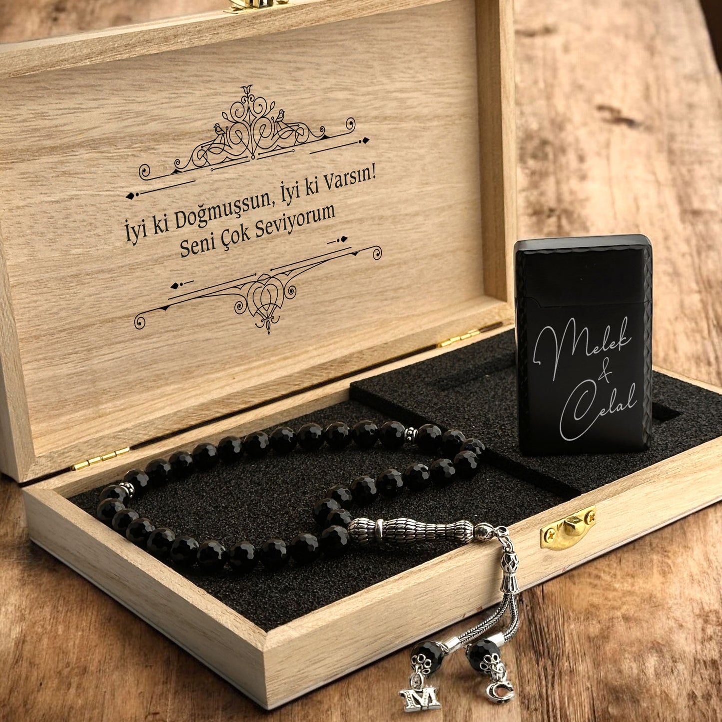 Personalized 8mm Onyx Prayer Beads and Steel Lighter Set