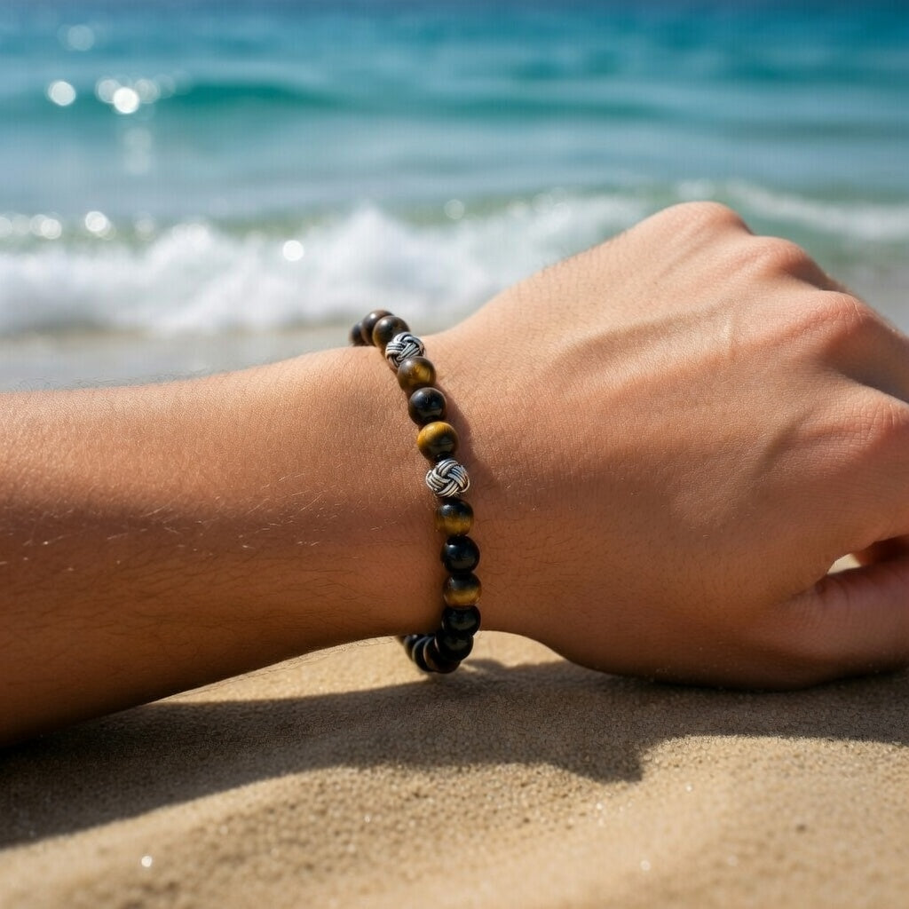 Siyah Oniks & Kaplan Gözü Taşlı Kazaz Gümüş Bileklik