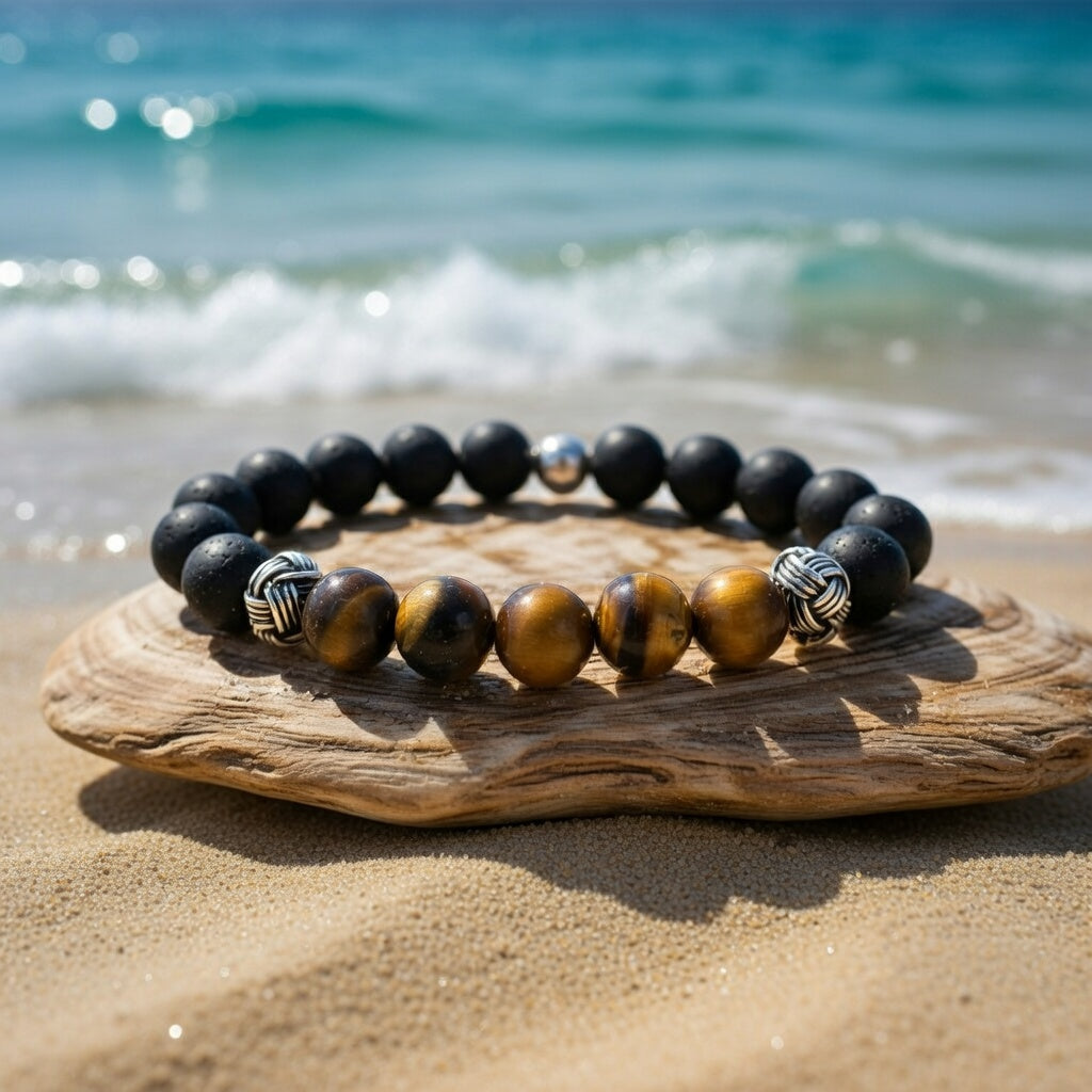 Siyah Oniks & Kaplan Gözü Taşlı Kazaz Gümüş Bileklik