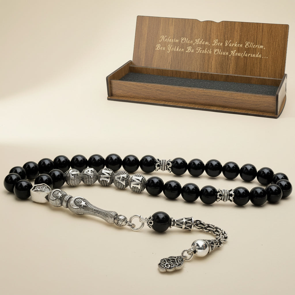 925 Ayar Gümüş Isimli Oniks Doğaltaş  Ay Yıldız Tesbih