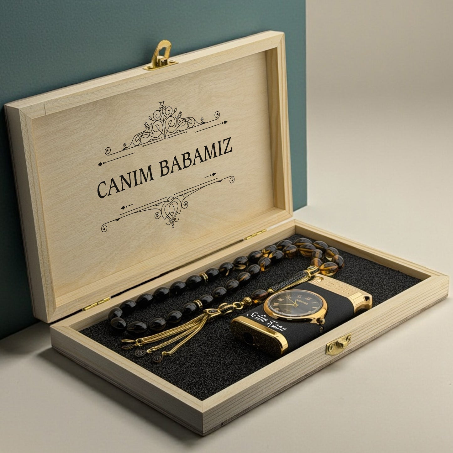 Saatli Çakmak ve Ateş Kehribar Tesbih Hediye Seti