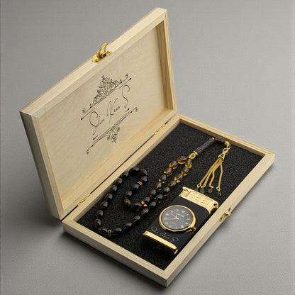 Saatli Çakmak ve Ateş Kehribar Tesbih Hediye Seti