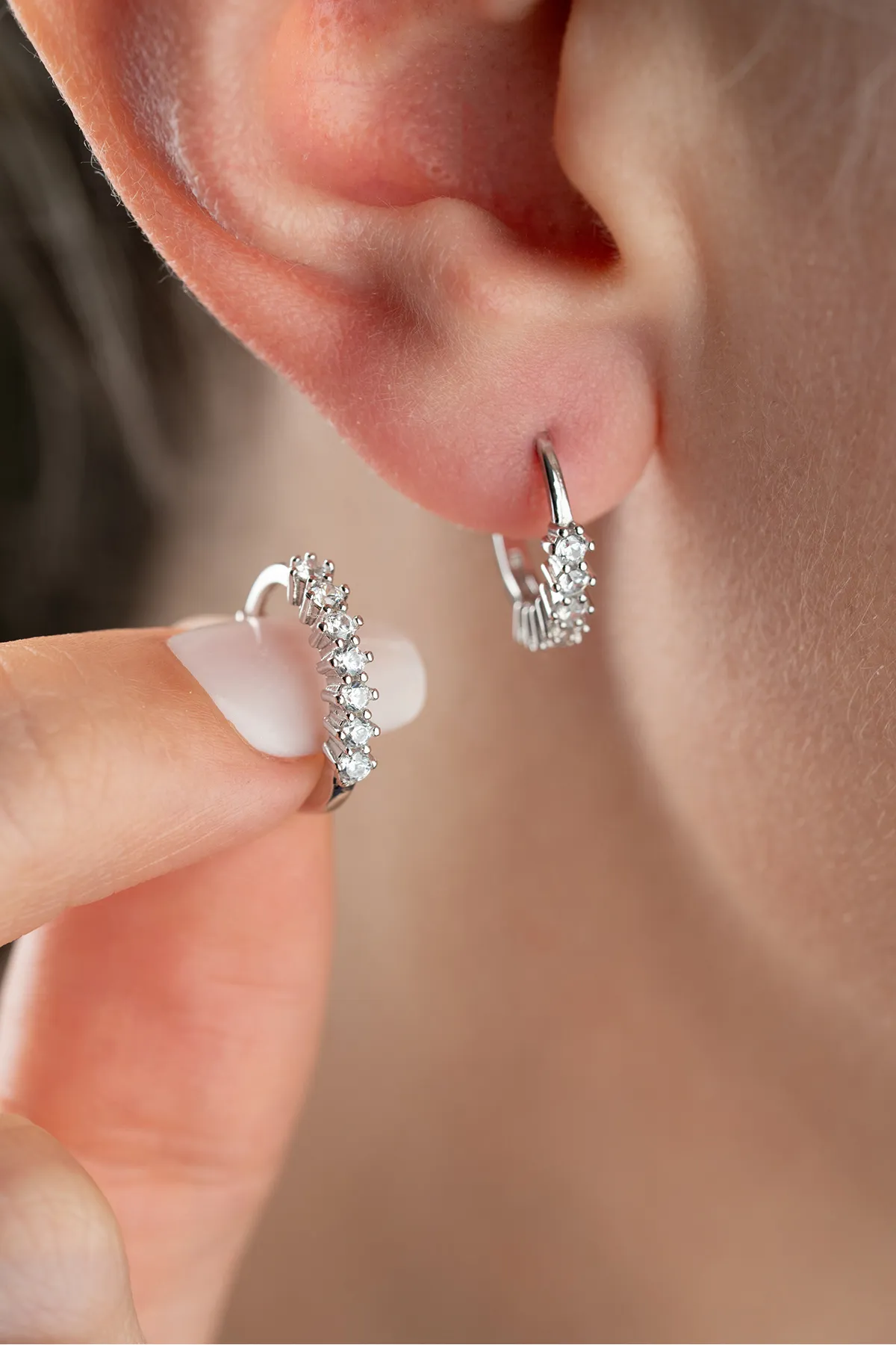 925 Sterling Silver Hoop Earrings with Stone Row