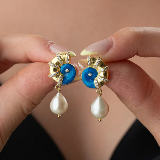 925 Sterling Silver Blue Enamel Shell Earrings with Pearl
